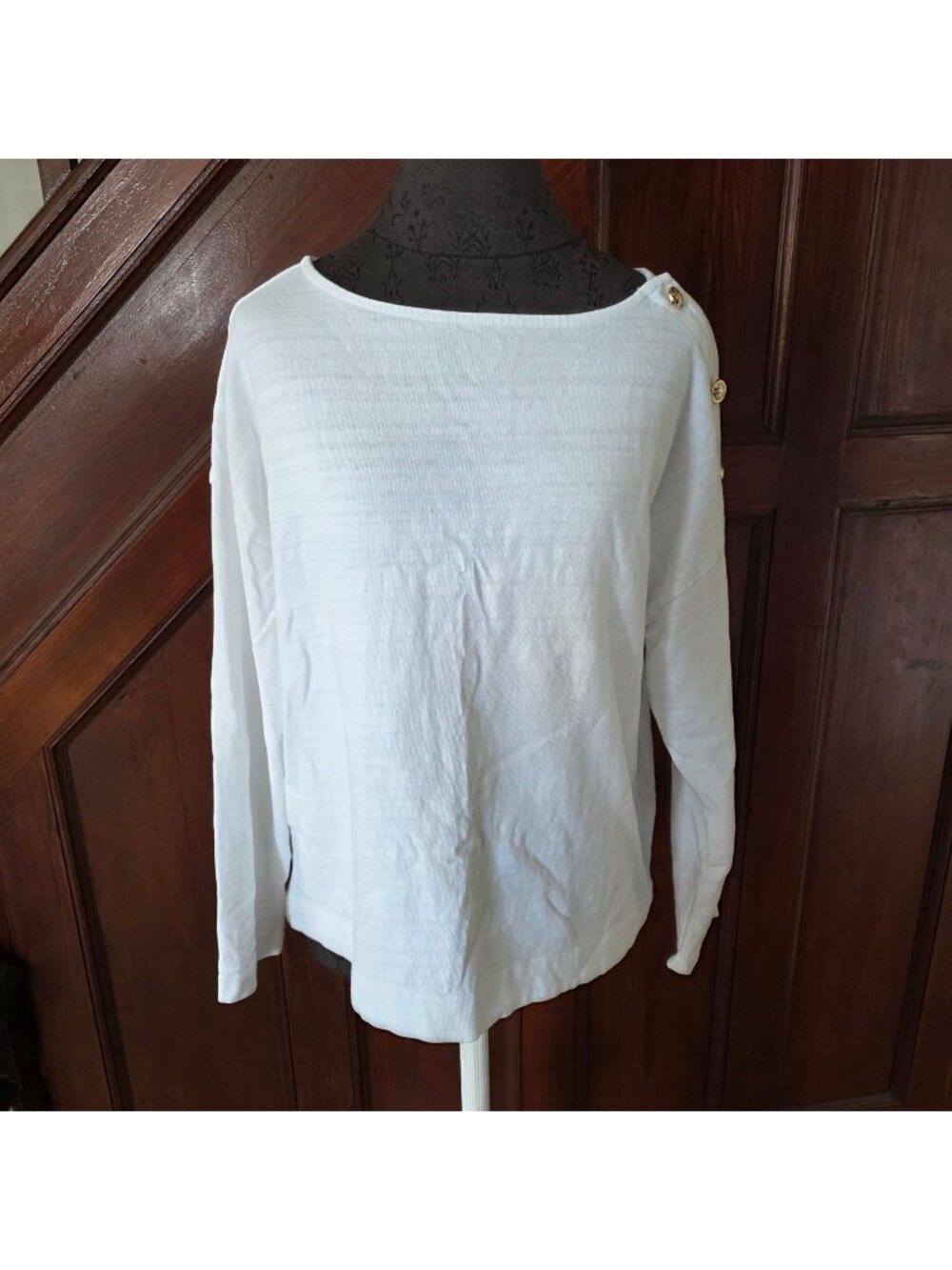 Loft Womens White Long Sleeve Button Shoulder Top Size L